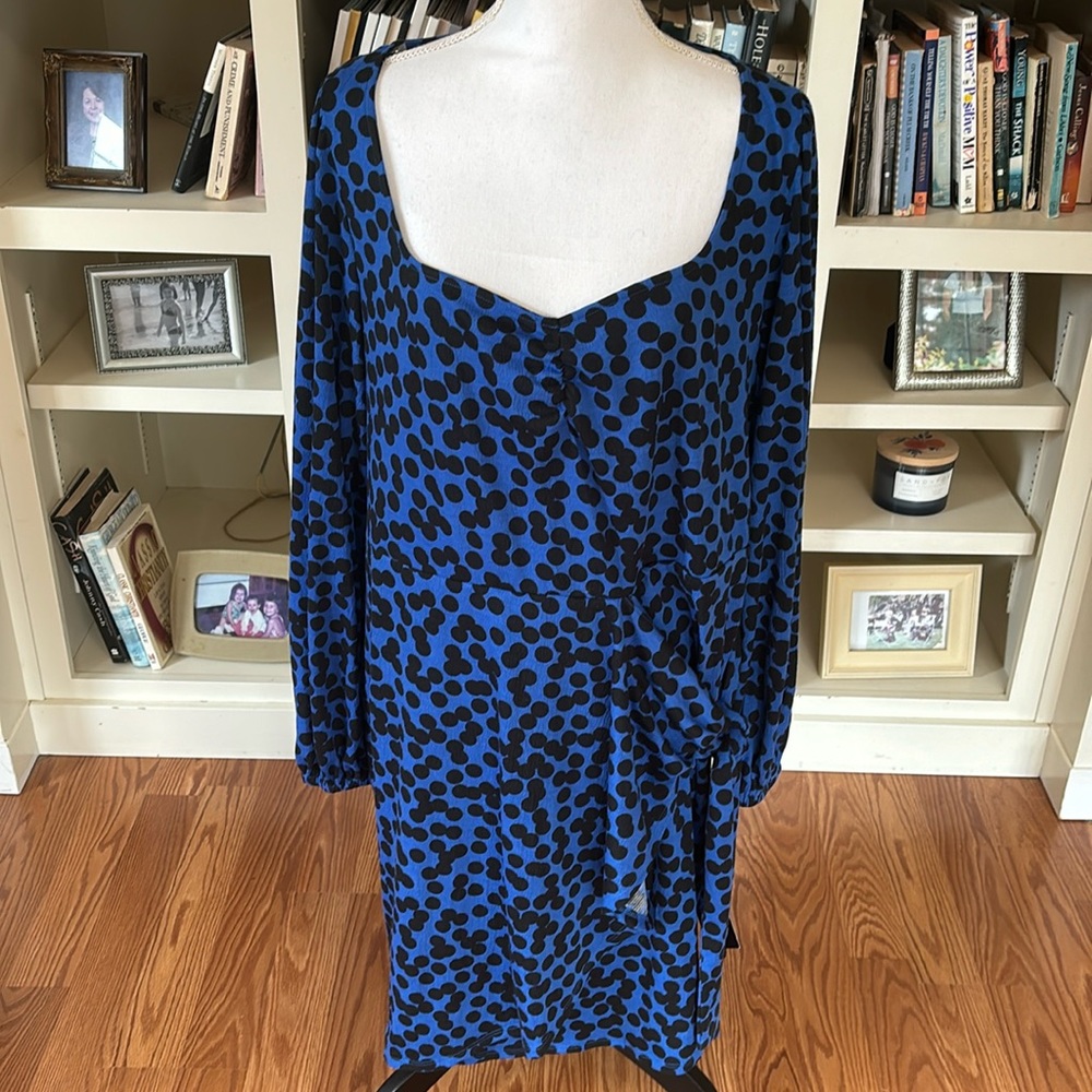 NWT Ava & Viv Blue and Black Polka Dot‎ Long Sleeve Dress Size XXL